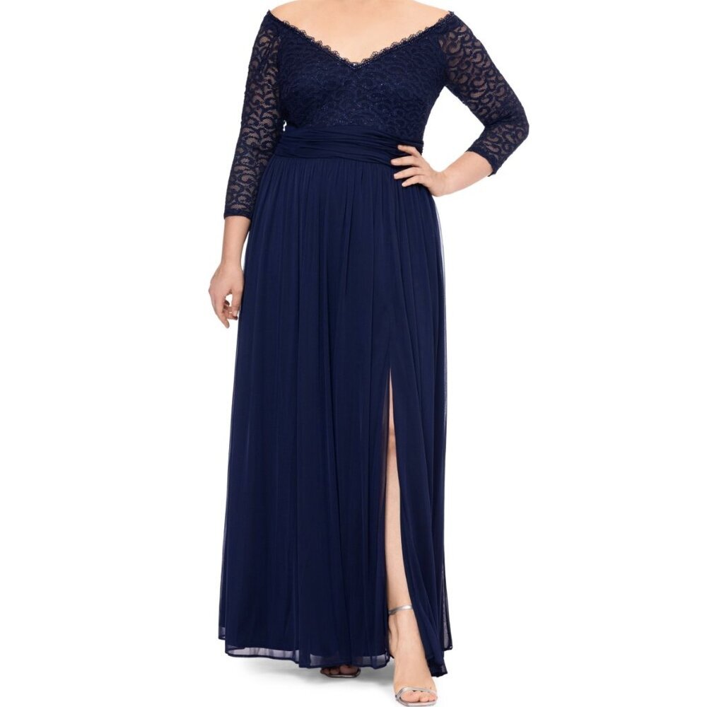 Betsy & Adam Navy Lace Off-Shoulder Maxi Dress